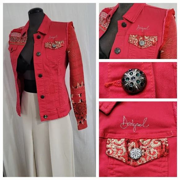 Desigual Red Embroidered Jean Jacket with Patterned Sleeves / 38 - Picture 7 of 10
